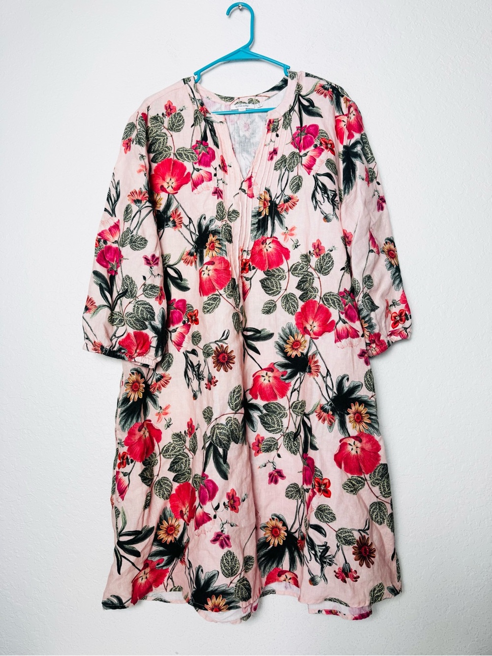 Chicos Size 2.5 100% Linen Floral Dress Womens Large 3/4 Sleeve USA 14 Pink